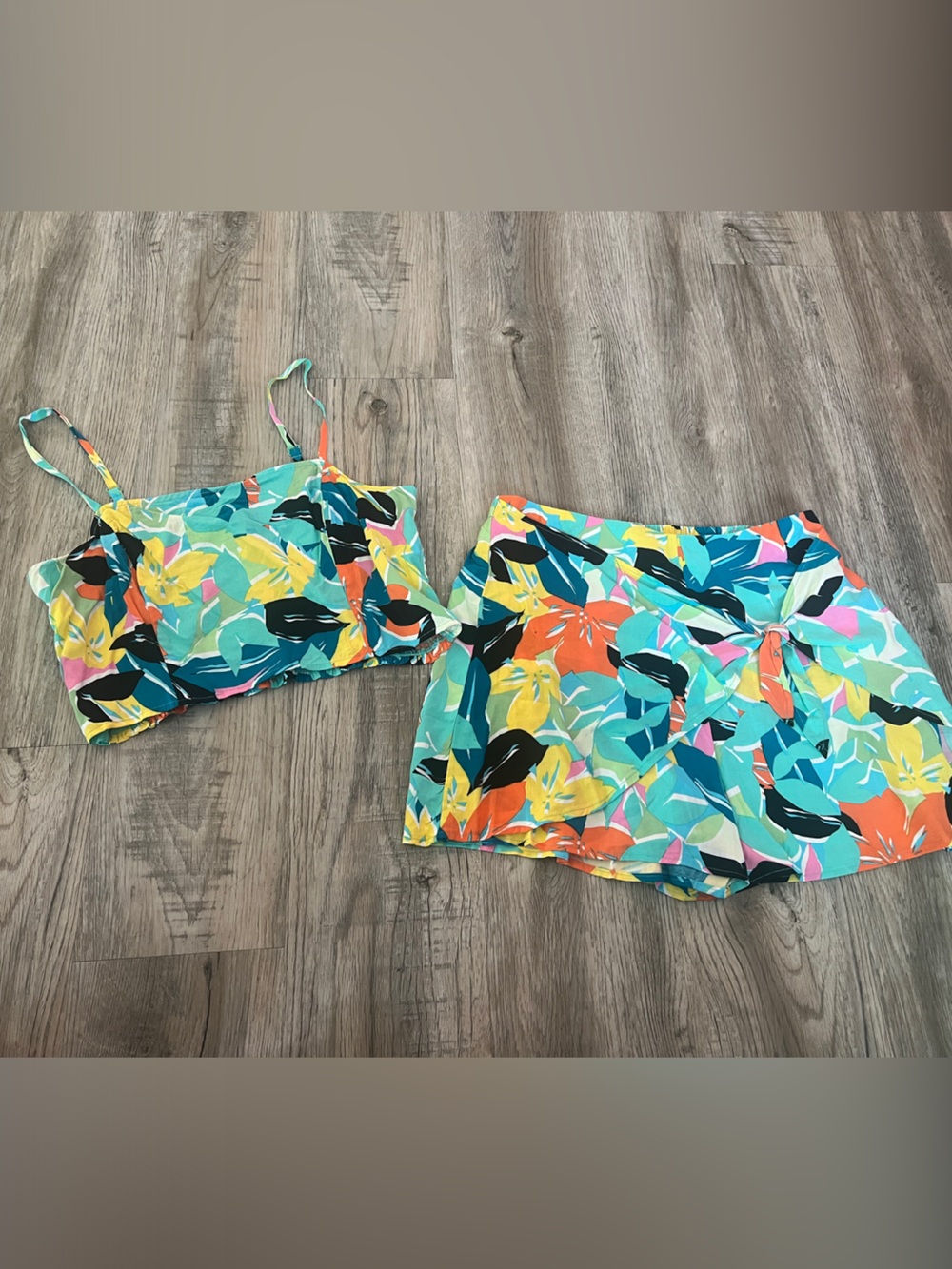Lily Rose Tropical Floral Two-Piece Romper Set - Teal, Yellow, Orange, Black
